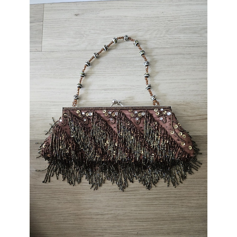 Apt 9 Y2K Beaded Fringe Evening Bag Brown Sequin Kisslock Clutch Purse 2000s